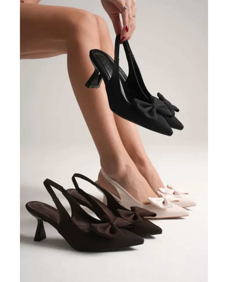 Bej Fiyonklu Kitten Topuklu Slingback Kadın Ayakkabı TR08MS24B