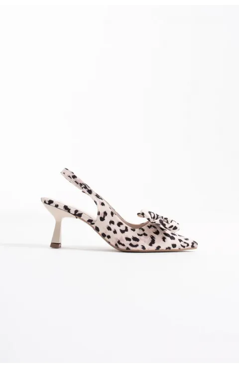 Bej Leopar Fiyonklu Kitten Topuklu Slingback Kadın Ayakkabı TR08MS24E