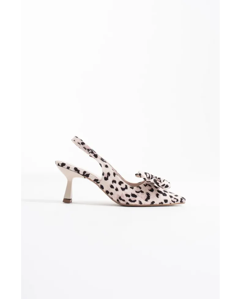 Bej Leopar Fiyonklu Kitten Topuklu Slingback Kadın Ayakkabı TR08MS24E
