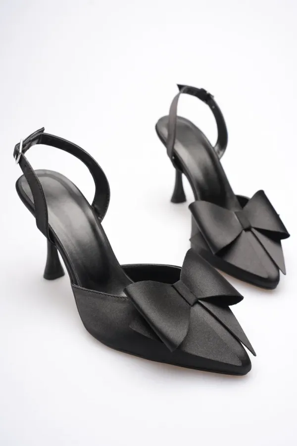 Kadın Siyah Fiyonklu Saten Topuklu Ayakkabı TR40MS01A