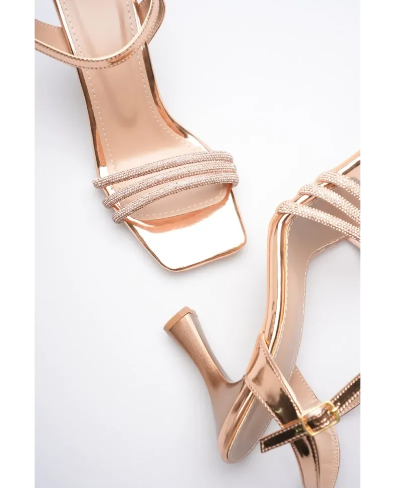 Rose Gold Taşlı İnce Topuklu Abiye Sandalet TR20MY15G