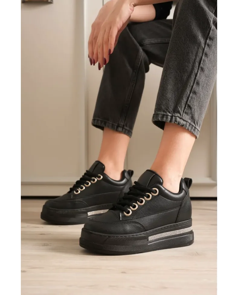 Kadın Siyah Tabanlı Siyah Gizli Topuklu Sneaker TR04MS01D