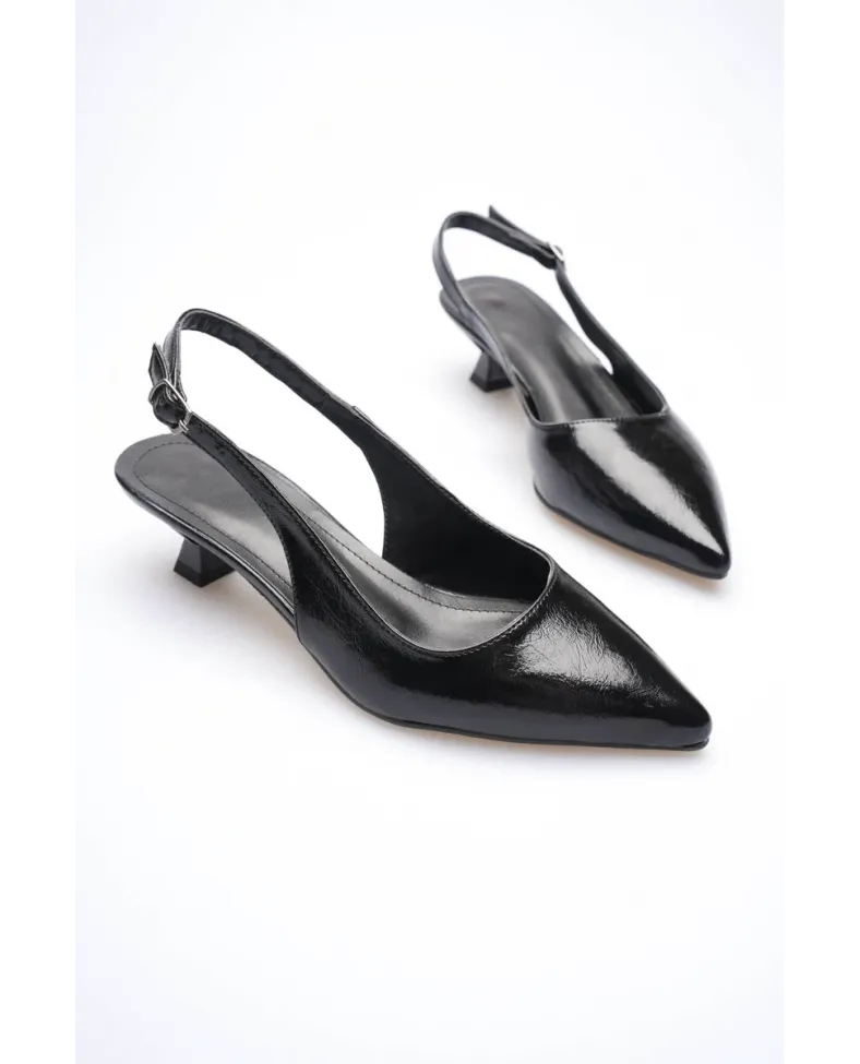 Kadın Siyah Kırışık Rugan Kısa Topuklu Ayakkabı TR20MS04C