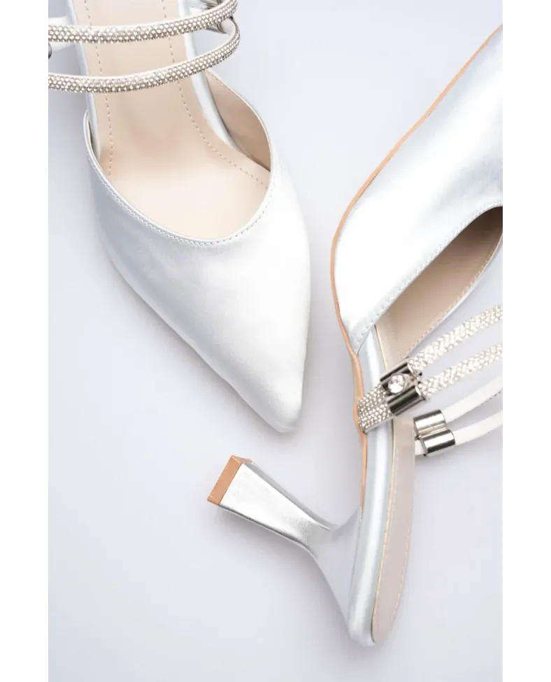 Kadın Taşlı Gri Saten Topuklu Ayakkabı TR12MS04C