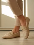 Kadın Bej Örgü Desenli Tokalı Günlük Rahat Loafer Ayakkabı TR23MS09B