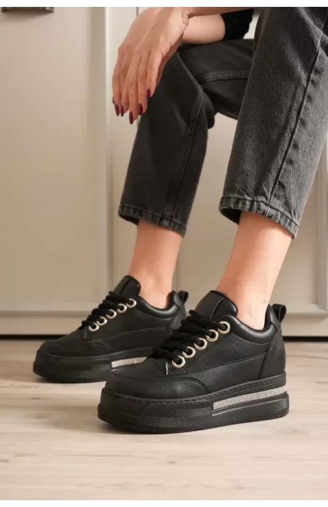Kadın 8cm Boy Uzatan Gizli Topuklu Siyah Spor Ayakkabı TR04MS01D