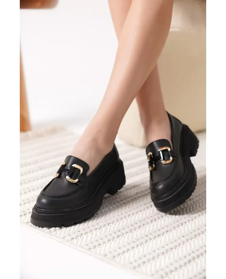 Kadın Siyah Cilt 6cm Topuklu Loafer TR17MS01C