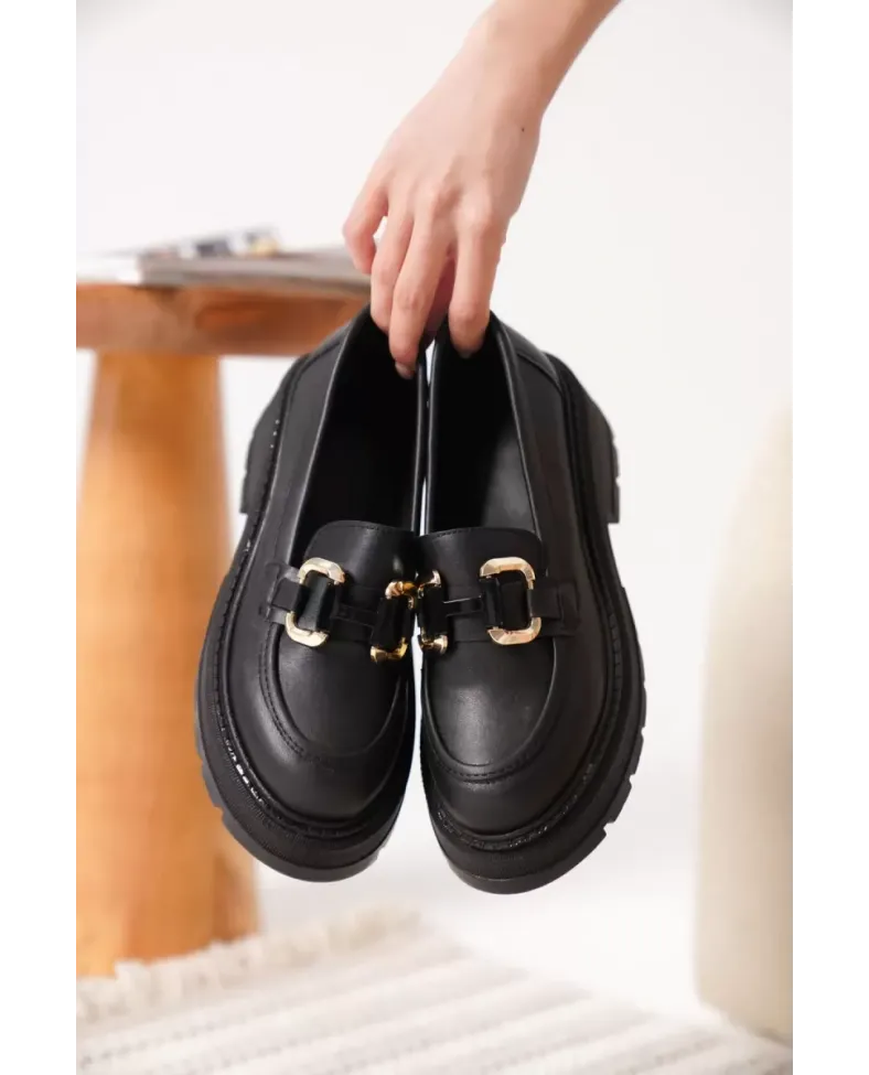 Kadın Siyah Cilt 6cm Topuklu Loafer TR17MS01C