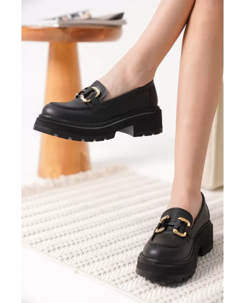 Kadın Siyah Cilt 6cm Topuklu Loafer TR17MS01C