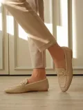 Kadın Bej Örgü Desenli Tokalı Günlük Rahat Loafer Ayakkabı TR23MS09B