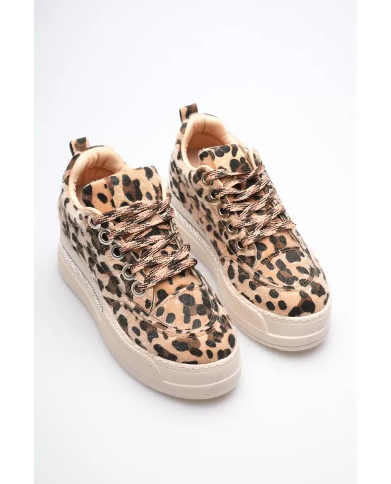 Kadın 8cm Boy Uzatan Gizli Topuklu Leopar Spor Ayakkabı TR04MS01E