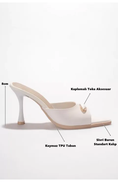 Kadın Beyaz Rugan Sivri Burun 8cm İnce Topuklu Abiye Terlik TR42MY01B