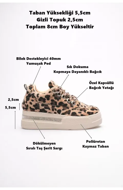 Kadın 8cm Boy Uzatan Gizli Topuklu Leopar Spor Ayakkabı TR04MS01D