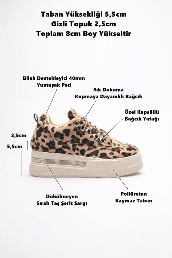 Kadın 8cm Boy Uzatan Gizli Topuklu Leopar Spor Ayakkabı TR04MS01D