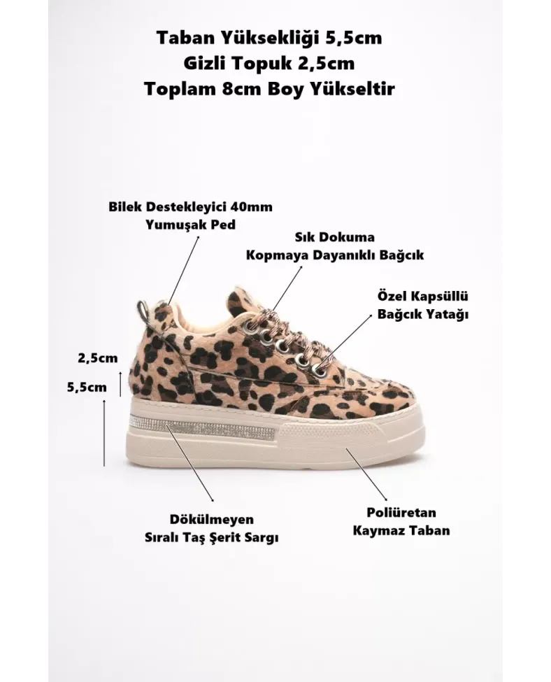 Kadın 8cm Boy Uzatan Gizli Topuklu Leopar Spor Ayakkabı TR04MS01E