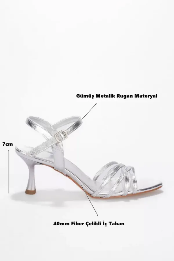 Kadın Gümüş Metalik Rugan 7cm İnce Topuklu Abiye Ayakkabı TR45MY01B