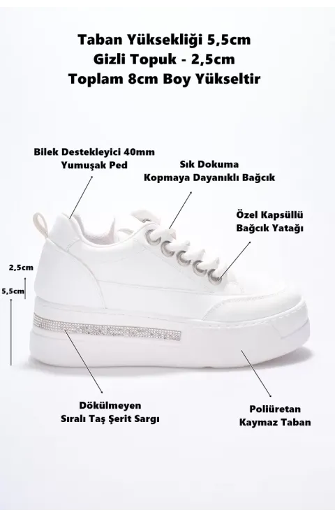 Kadın 8cm Boy Uzatan Gizli Topuklu Beyaz Spor Ayakkabı TR04MS01B