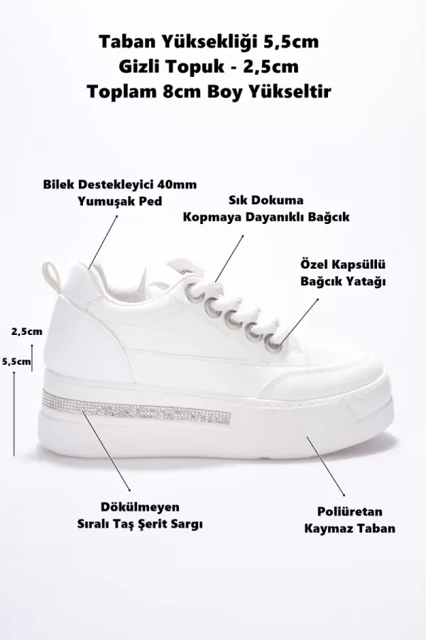 Kadın 8cm Boy Uzatan Gizli Topuklu Beyaz Spor Ayakkabı TR04MS01B