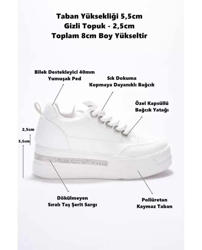 Kadın 8cm Boy Uzatan Gizli Topuklu Beyaz Spor Ayakkabı TR04MS01B