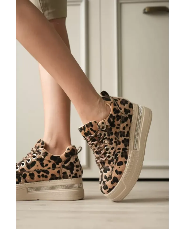 Kadın 8cm Boy Uzatan Gizli Topuklu Leopar Spor Ayakkabı TR04MS01E