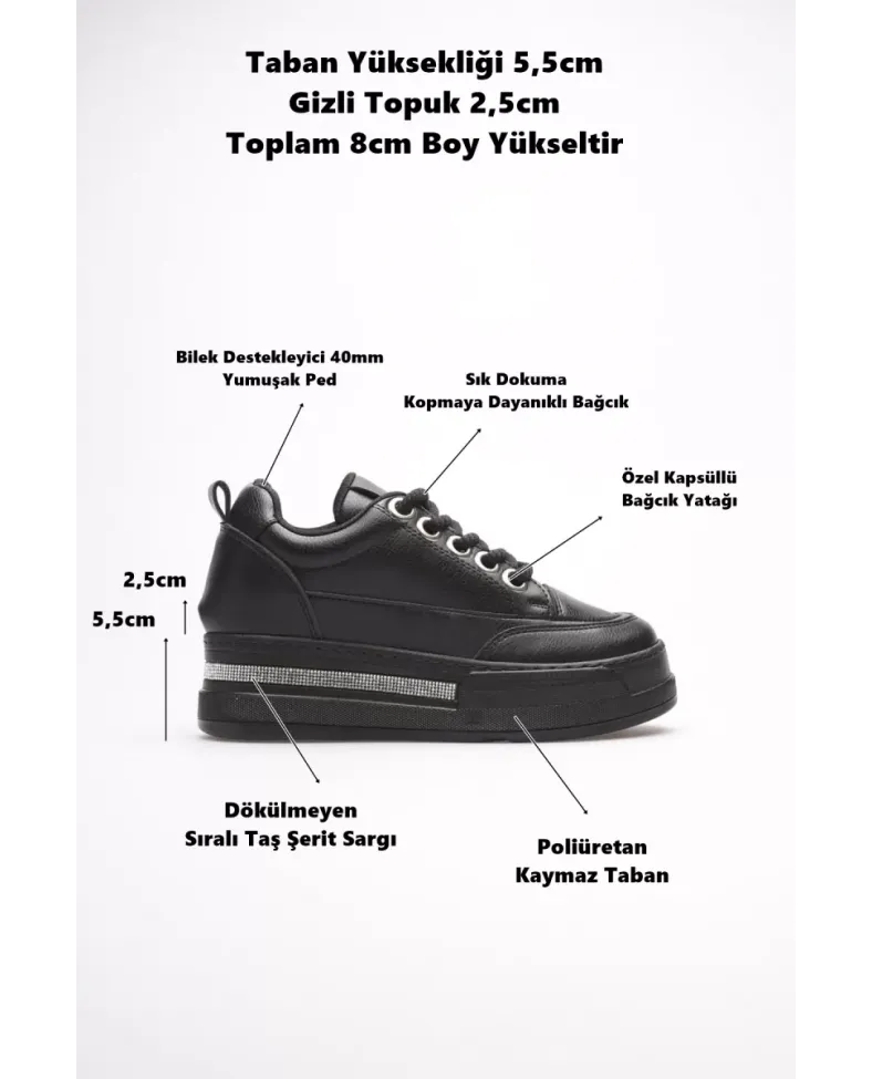 Kadın 8cm Boy Uzatan Gizli Topuklu Siyah Spor Ayakkabı TR04MS01D