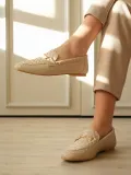 Kadın Bej Örgü Desenli Tokalı Günlük Rahat Loafer Ayakkabı TR23MS09B