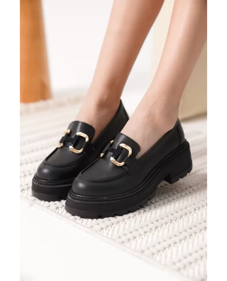 Kadın Siyah Cilt 6cm Topuklu Loafer TR17MS01C