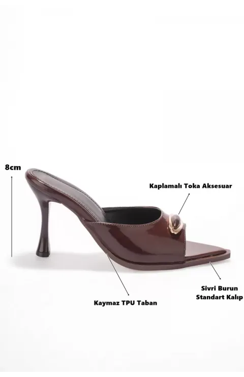 Kadın Acı Kahve Rugan Sivri Burun 8cm İnce Topuklu Abiye Terlik TR42MY01C