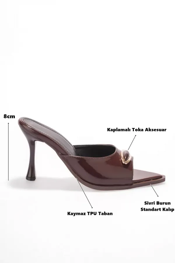 Kadın Acı Kahve Rugan Sivri Burun 8cm İnce Topuklu Abiye Terlik TR42MY01C