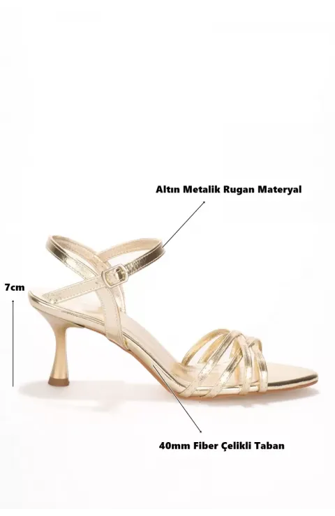 Kadın Altın Metalik Rugan 7cm İnce Topuklu Abiye Ayakkabı TR45MY01C