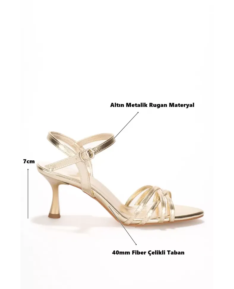 Kadın Altın Metalik Rugan 7cm İnce Topuklu Abiye Ayakkabı TR45MY01C