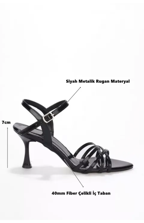 Kadın Siyah Metalik Rugan 7cm İnce Topuklu Abiye Ayakkabı TR45MY01A