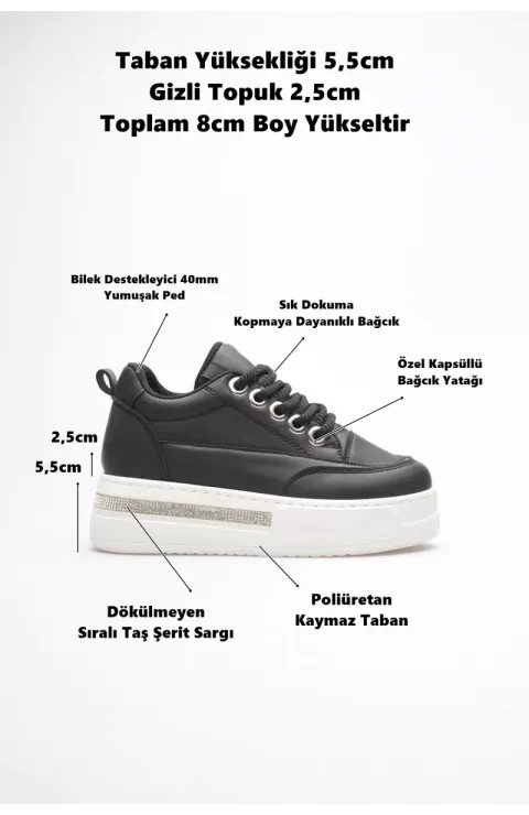 Kadın 8cm Boy Uzatan Gizli Topuklu Siyah Spor Ayakkabı TR04MS01A