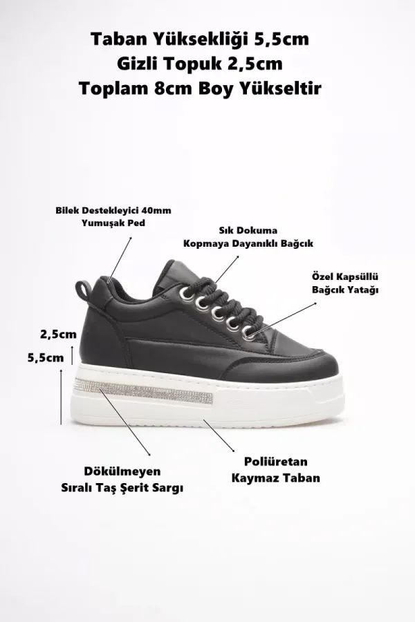 Kadın 8cm Boy Uzatan Gizli Topuklu Siyah Spor Ayakkabı TR04MS01A
