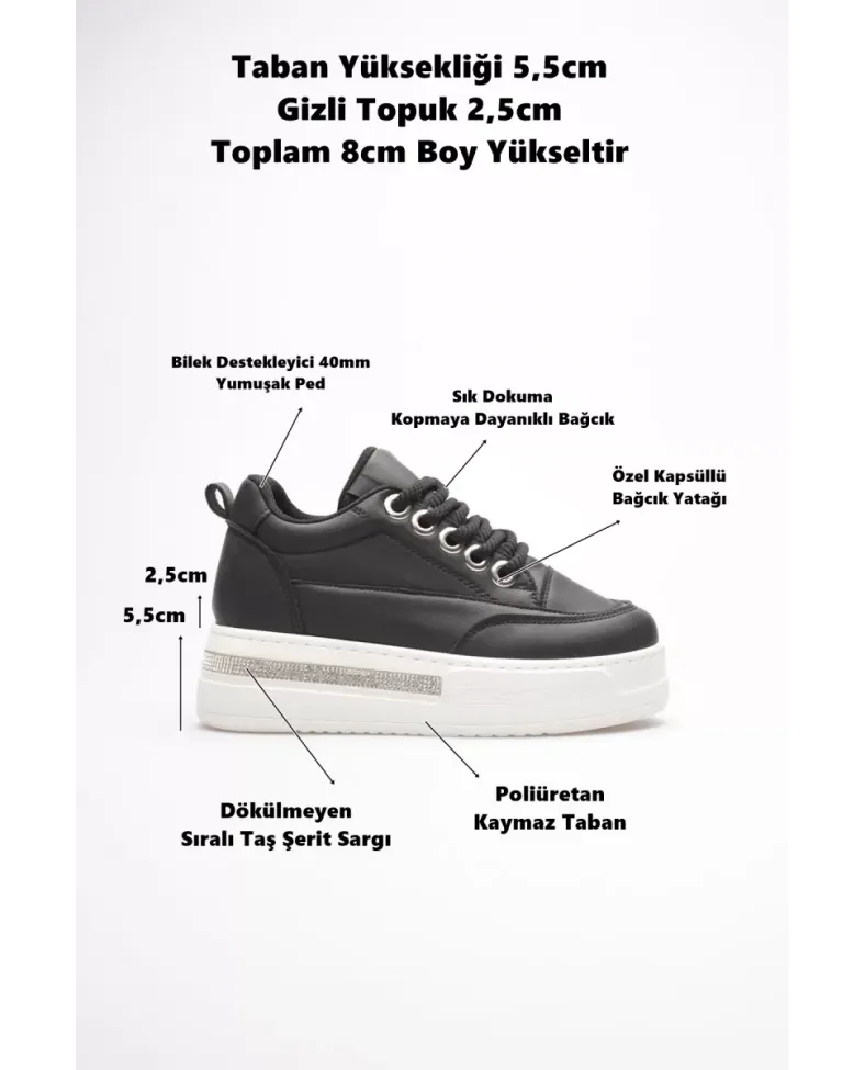 Kadın 8cm Boy Uzatan Gizli Topuklu Siyah Spor Ayakkabı TR04MS01A