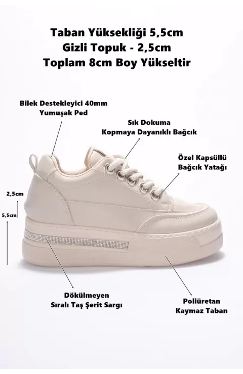 Kadın 8cm Boy Uzatan Gizli Topuklu Bej Spor Ayakkabı TR04MS01C