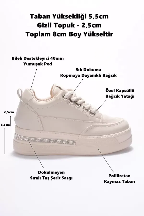 Kadın 8cm Boy Uzatan Gizli Topuklu Bej Spor Ayakkabı TR04MS01C
