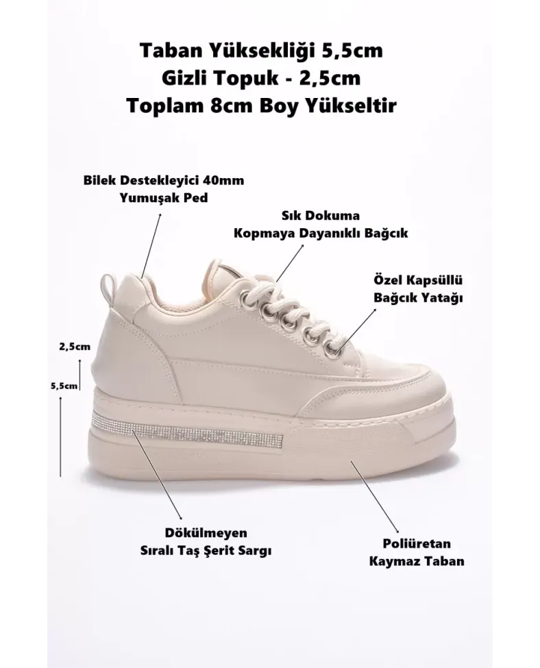 Kadın 8cm Boy Uzatan Gizli Topuklu Bej Spor Ayakkabı TR04MS01C