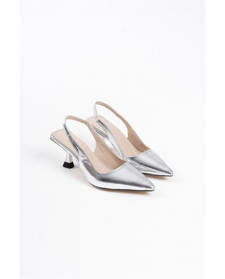 Kadın Gümüş Kırışık Rugan Topuklu Ayakkabı TR08MS08D