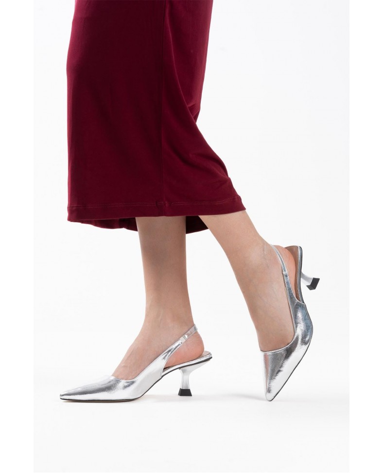 Kadın Gümüş Kırışık Rugan Topuklu Ayakkabı TR08MS08D