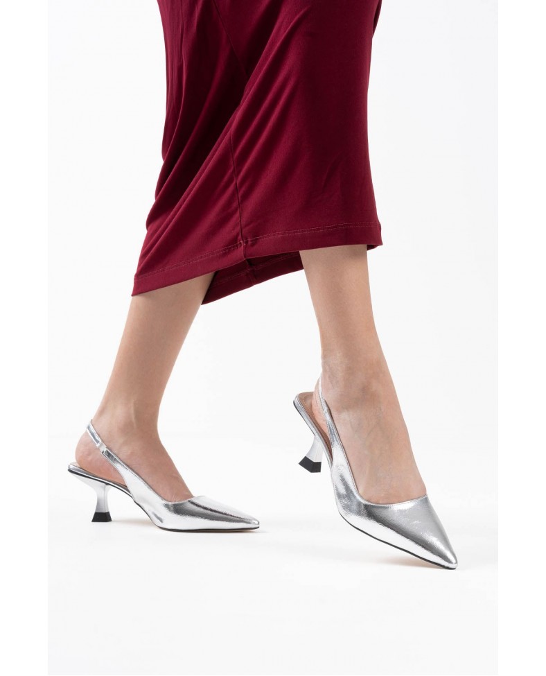 Kadın Gümüş Kırışık Rugan Topuklu Ayakkabı TR08MS08D