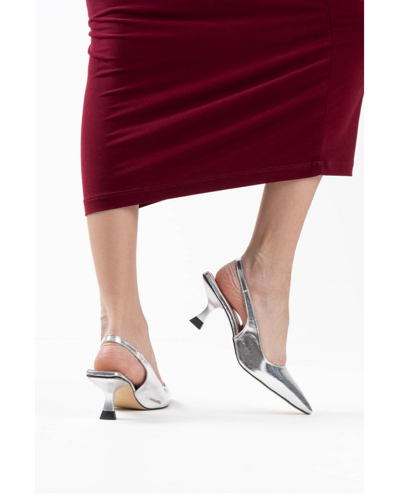 Kadın Gümüş Kırışık Rugan Topuklu Ayakkabı TR08MS08D