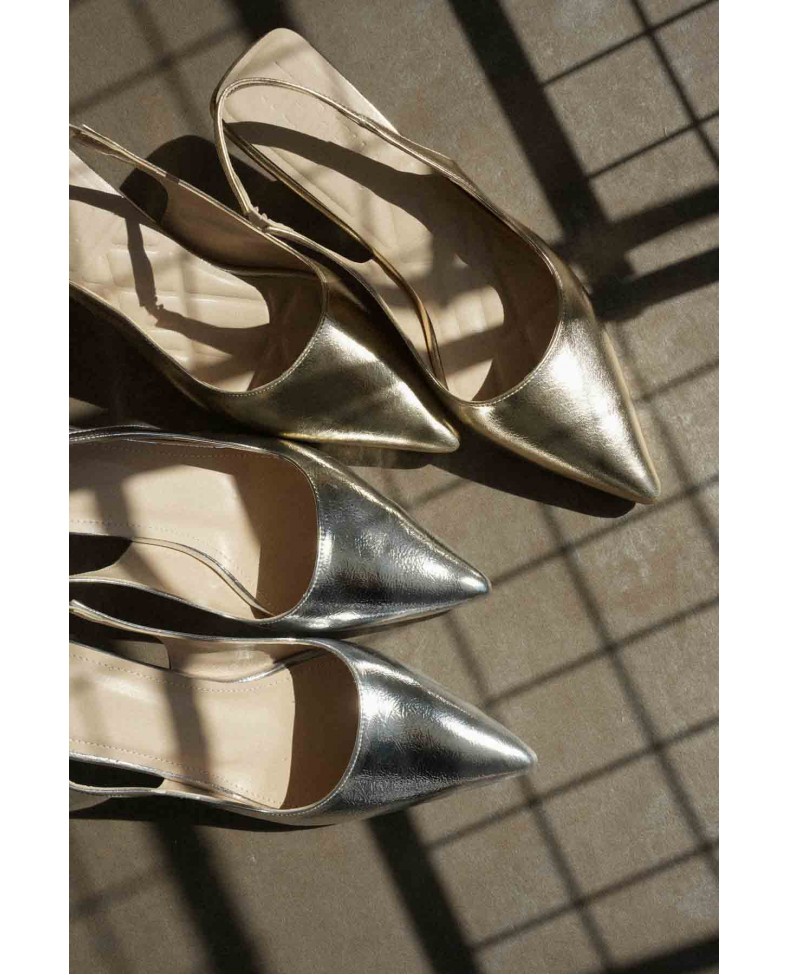 Kadın Gümüş Kırışık Rugan Topuklu Ayakkabı TR08MS08D