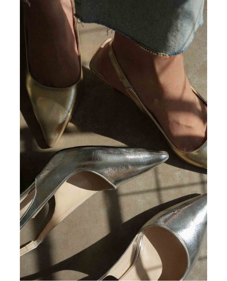 Kadın Gümüş Kırışık Rugan Topuklu Ayakkabı TR08MS08D