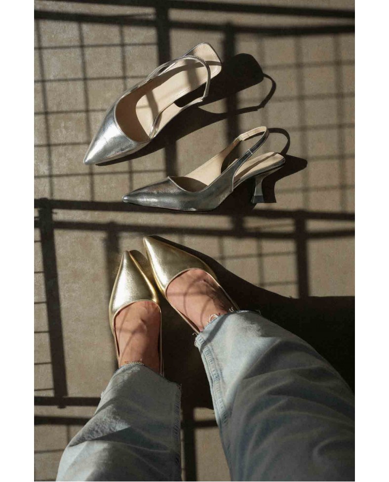 Kadın Gümüş Kırışık Rugan Topuklu Ayakkabı TR08MS08D