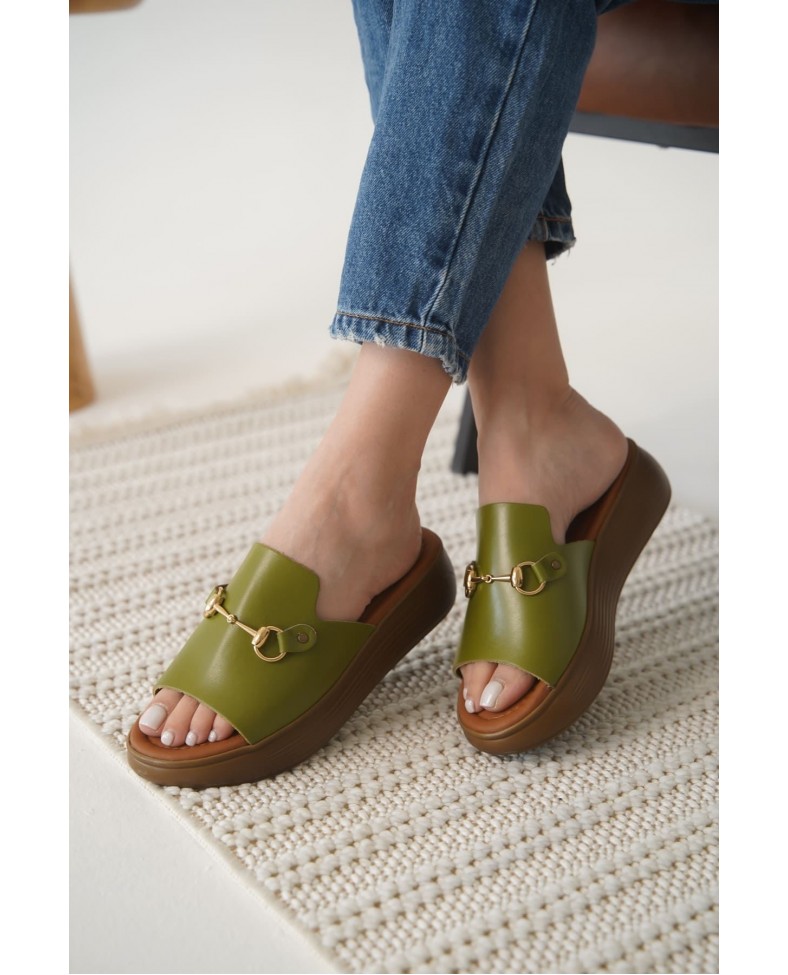 Haki Yeşili Hakiki Deri Terlik TR31MY62G