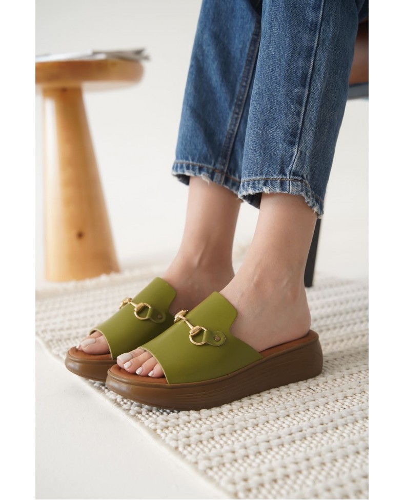 Haki Yeşili Hakiki Deri Terlik TR31MY62G