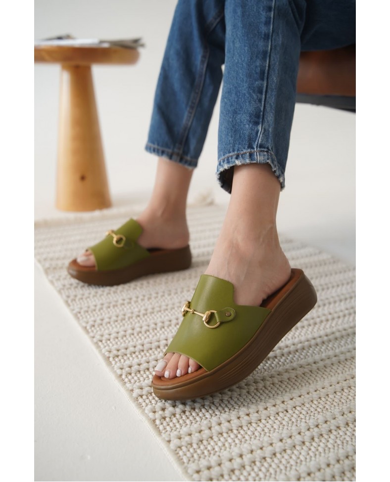 Haki Yeşili Hakiki Deri Terlik TR31MY62G