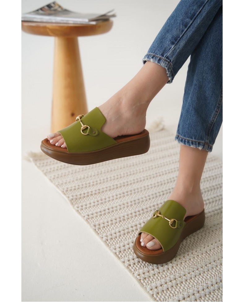 Haki Yeşili Hakiki Deri Terlik TR31MY62G