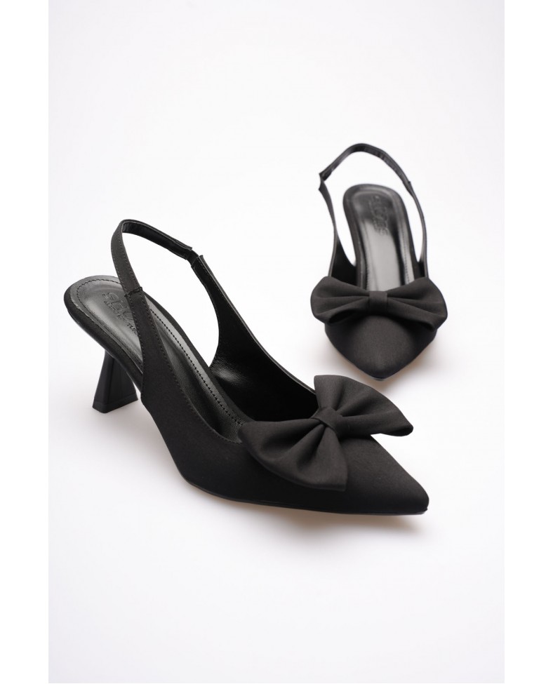 Siyah Fiyonklu Kitten Topuklu Slingback Kadın Ayakkabı TR08MS24A